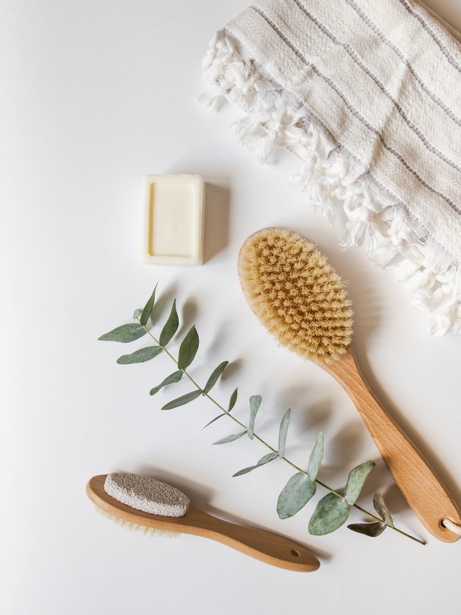 Self care items: brush, soap, eucalyptus