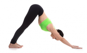 women in downward dog pose with arms strait and legs strait on flood