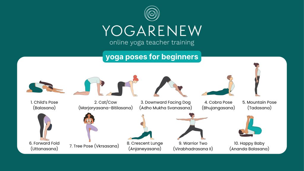 yoga poses for beginners downloadable image featuring: child's pose, cat/cow, down dog, cobra, mountain pose, forward fold, tree pose, crescent lunge, warrior two and happy baby.