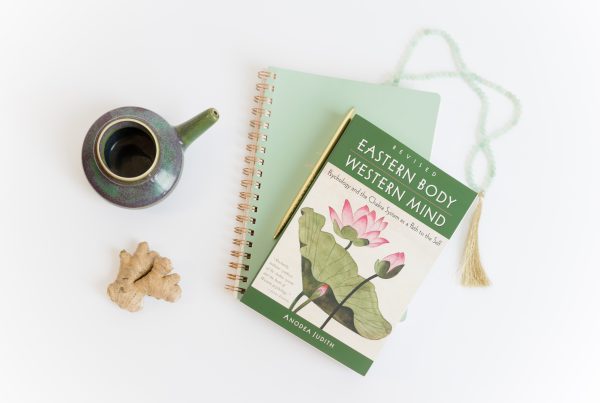 A book about Ayurveda, a piece of ginger root and a neti pot on a table