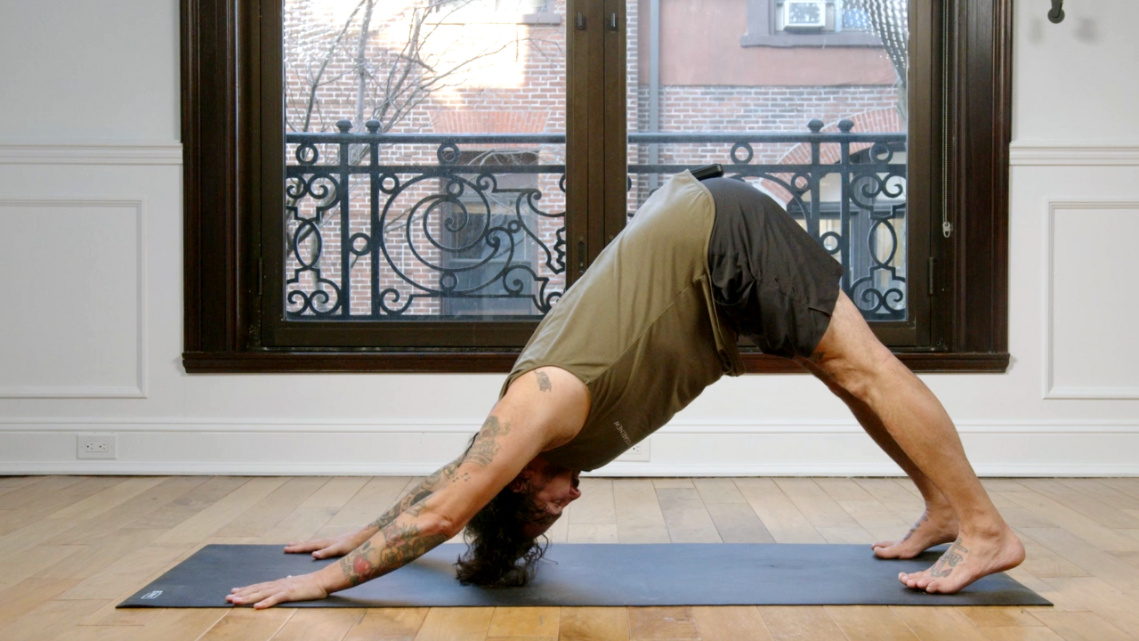 Man in a perfect down dog pose on a yoga mat in front of windows