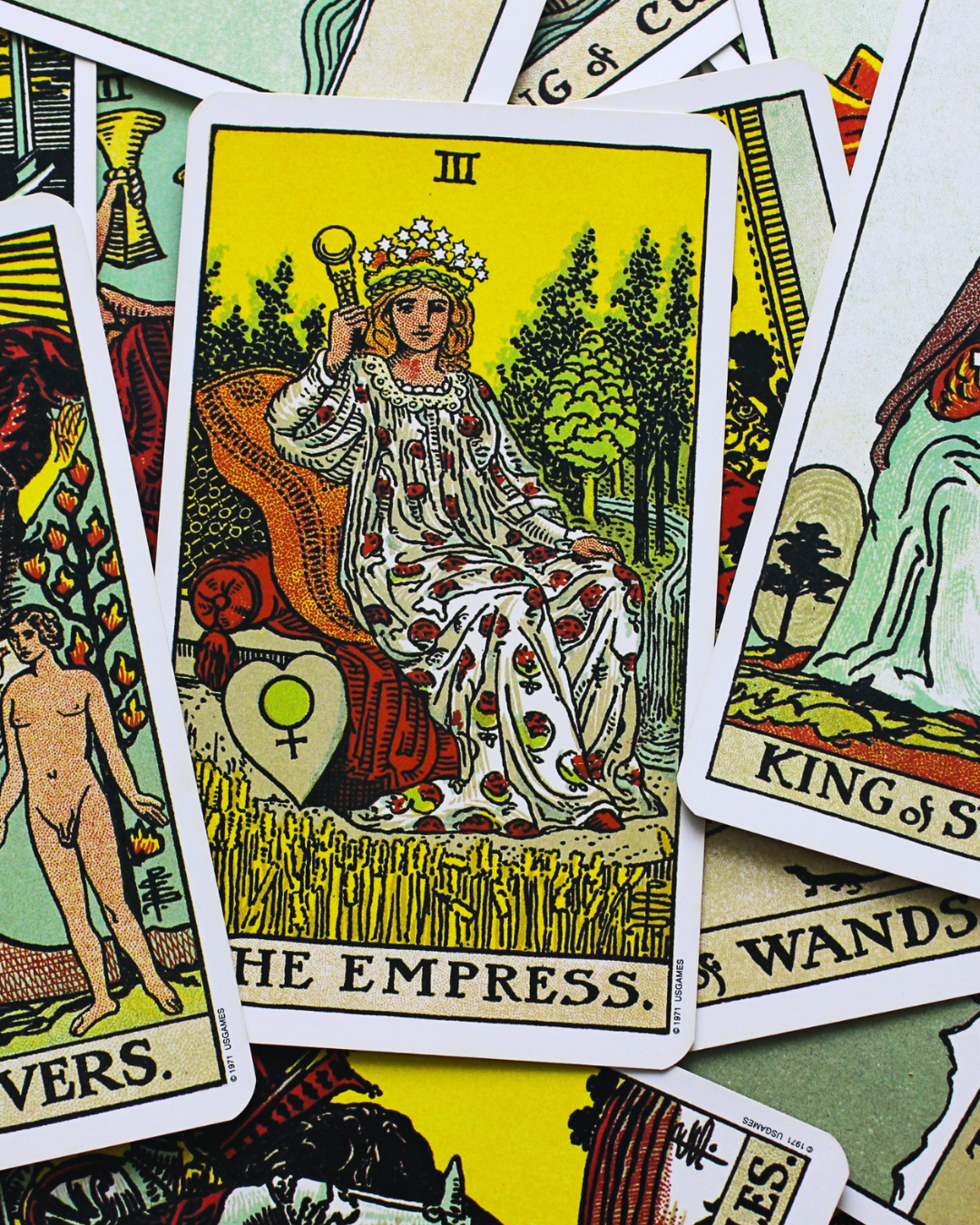 Tarot card deck with The Empress card on top (Rider Waite deck)