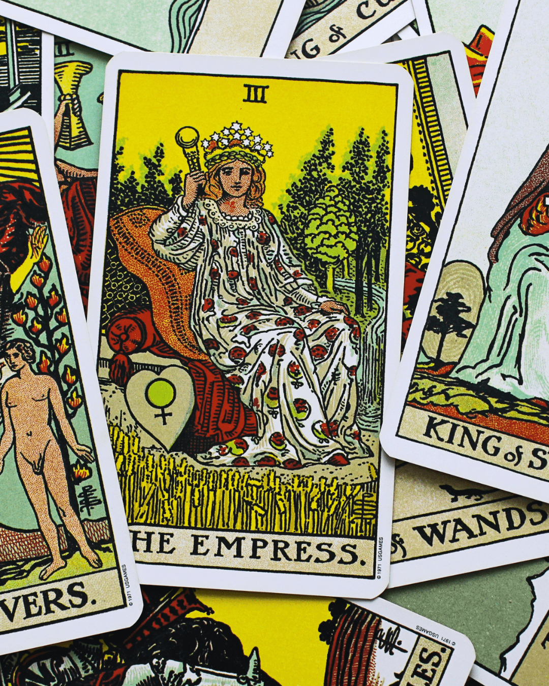 Tarot card deck with The Empress card on top (Rider Waite deck)