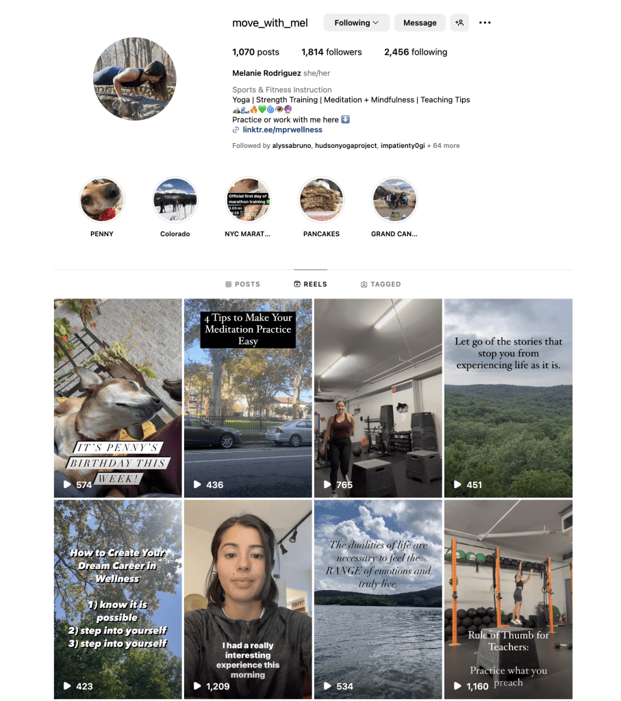 Mel's Instagram grid to represent her active presence on social media as a yoga teacher