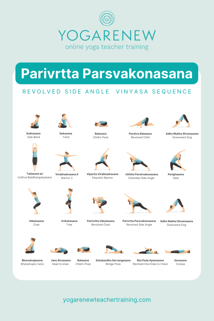 Revolved Side Angle Vinyasa Yoga Sequence PDF with a person doing all of the prep poses, listed with the Sanskrit and English name underneath