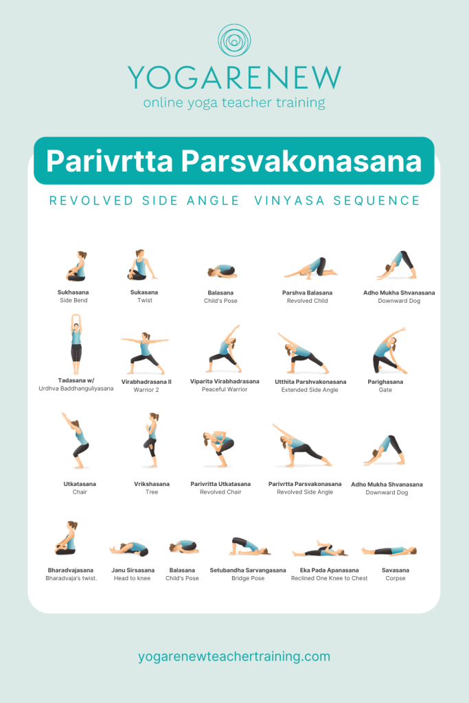 Revolved Side Angle Vinyasa Yoga Sequence PDF with a person doing all of the prep poses, listed with the Sanskrit and English name underneath