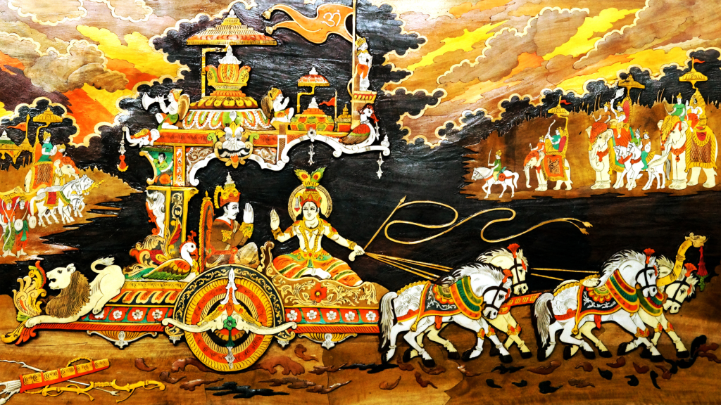 Bhagavad Gita battle scene with Krishna as a chariot driver
