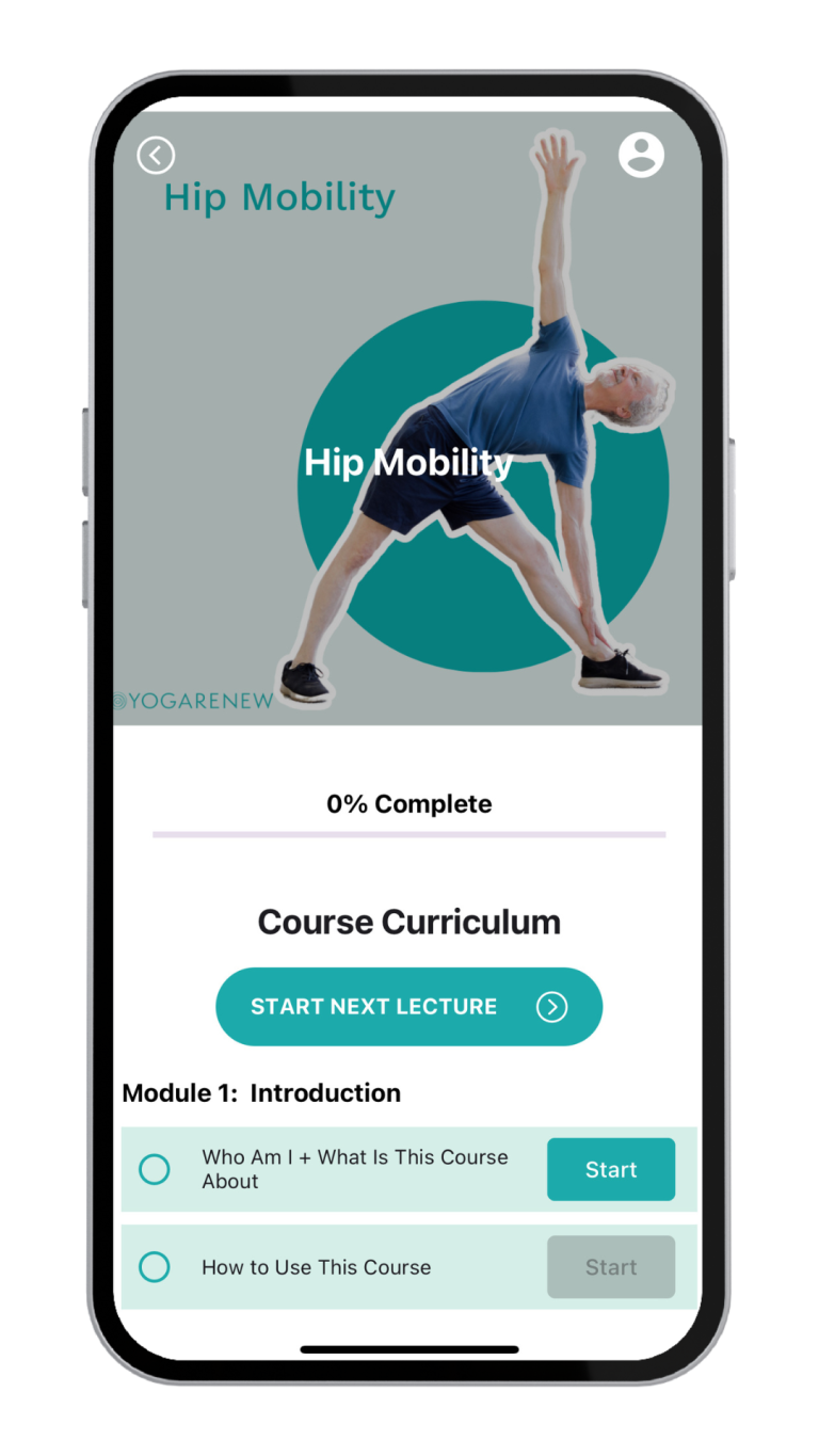 An image of the Hip Mobility workshop on the YogaRenew app on an iphone graphic