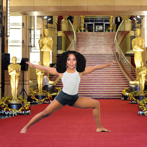 A photoshopped image of Angela Bassett in Warrior II pose on the red carpet at The Oscars