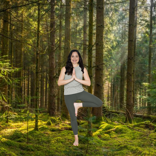 Lily Gladstone photoshopped on a yogi in the woods doing Vrksasana pose (also known as Tree Pose)
