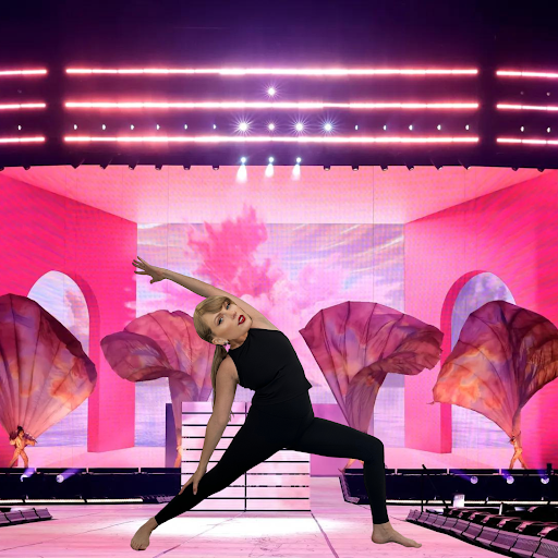 A photoshopped photo of Taylor Swift in Revolved Warrior (also known as Peaceful Warrior)