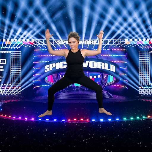 A photoshopped photo of Victoria Beckham in Goddess Pose in front of a Spice World sign