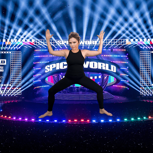 A photoshopped photo of Victoria Beckham in Goddess Pose in front of a Spice World sign