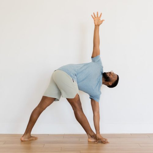 A yogi in revolved triangle pose for the Twists yoga pose category