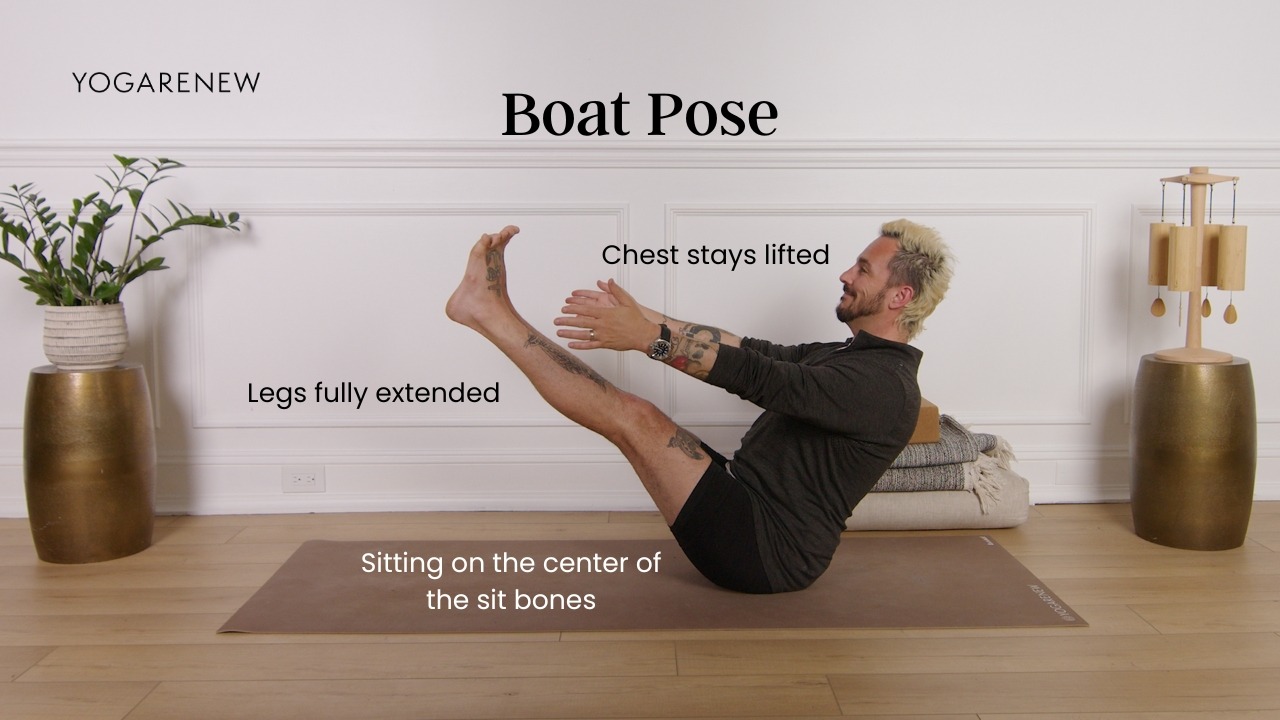 Boat pose graphic with Patrick Franco explaining the alignment points. Text reads: Legs fully extended, Sitting on the center of the sit bones, chest stays lifted