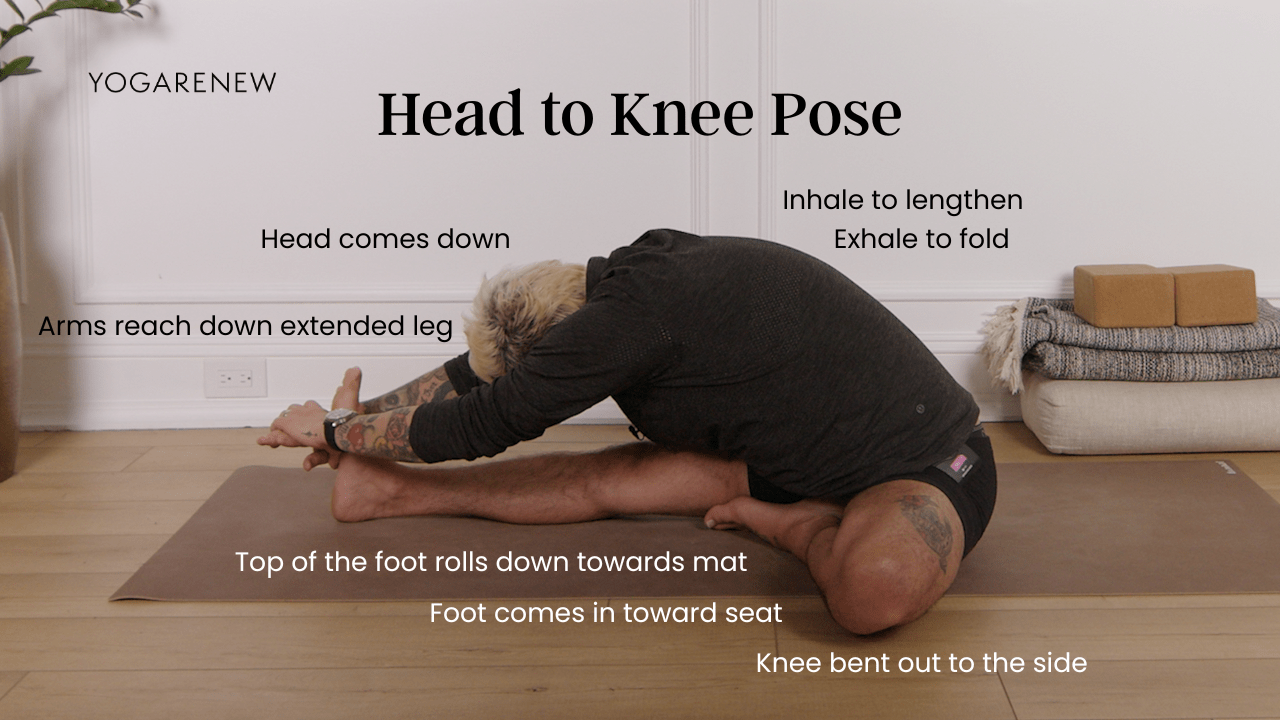 Head to Knee Pose: Bend one knee and pull foot in towards seat, turn torso over extended leg, pull forward to lengthen then lower down towards the knee of the extended leg