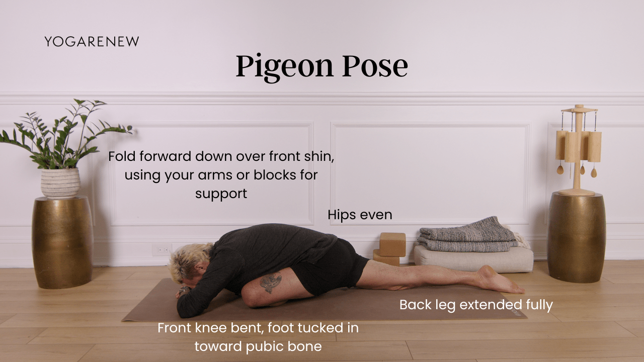 Pigeon Pose alignment points graphic with Patrick Franco in pigeon pose