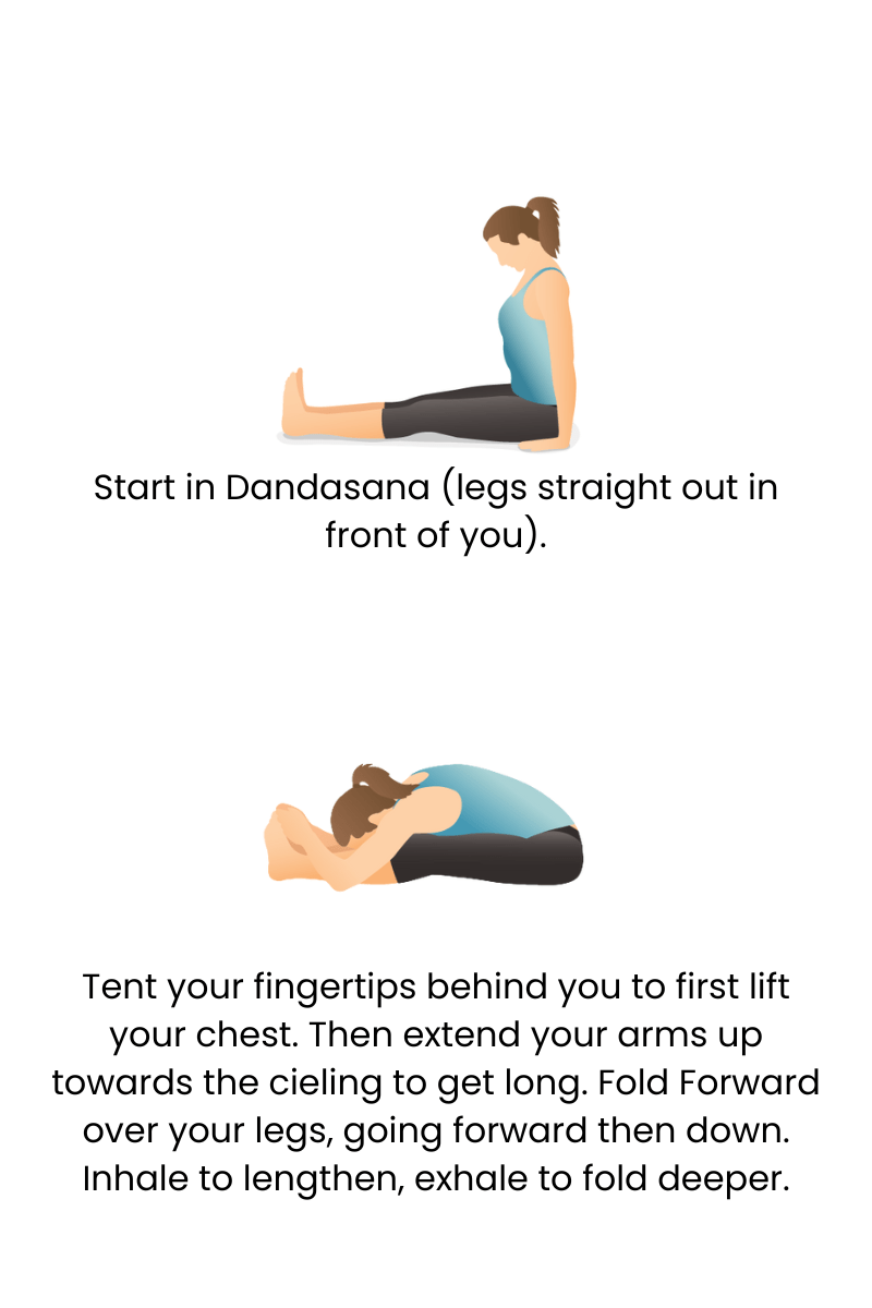 Seated Forward Fold graphic with 'how to' instruction