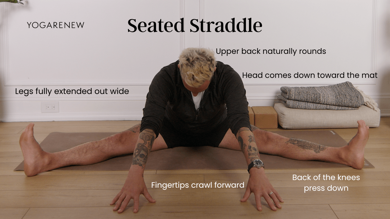 Patrick Franco in Seated Straddle with alignment points: Legs fully extended out wide, Upper back naturally rounds, back of the knees press down, fingertips crawl forward