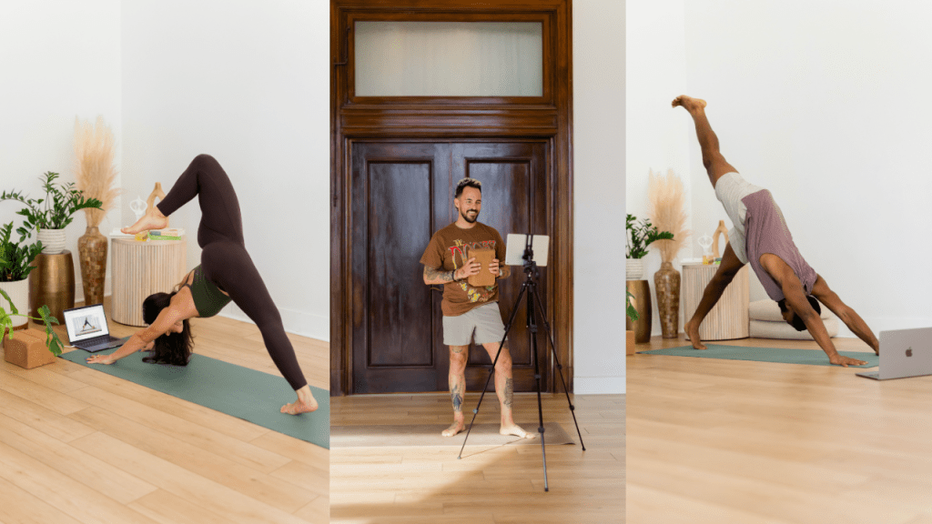 3 different images of yogis practicing yoga online & in a yoga studio