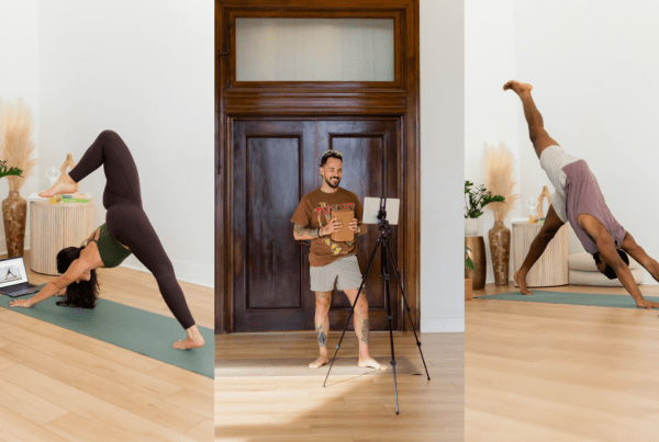 3 different images of yogis practicing yoga online & in a yoga studio