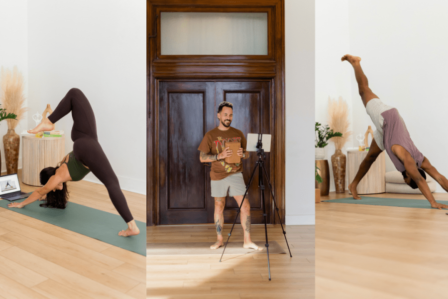 3 different images of yogis practicing yoga online & in a yoga studio