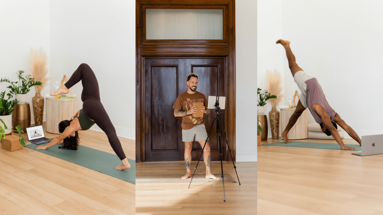 3 different images of yogis practicing yoga online & in a yoga studio