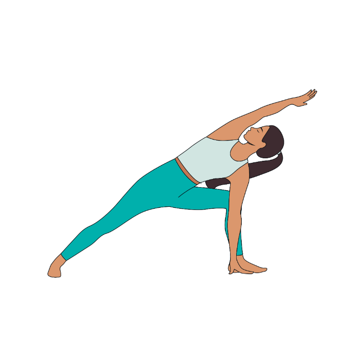 Yogi in all teal outfit and a ponytail in extended side angle