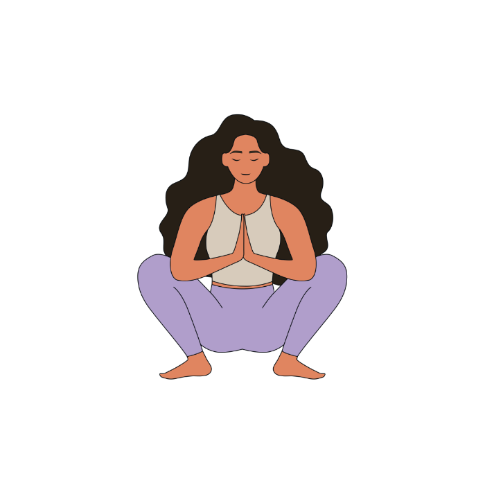 A clipart image of a yogi in with black curly hair and purple yoga pants in Malasana, Yogi Squat