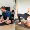 hybrid yoga training image of one student studying online and the other in-person giving a hands-on assist in bridge pose