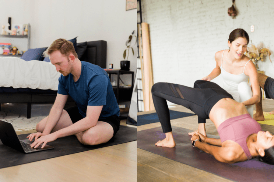 hybrid yoga training image of one student studying online and the other in-person giving a hands-on assist in bridge pose