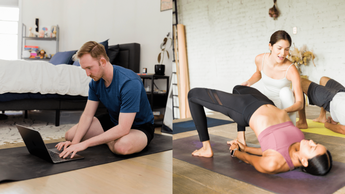 hybrid yoga training image of one student studying online and the other in-person giving a hands-on assist in bridge pose